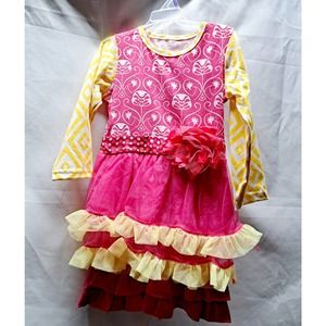 Pink Yellow Floral Scroll Ruffle Pant Long sleeve top Ruffle Sheer overlay 4T